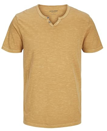 Jack & Jones JJESPLIT Men's Basic V-Neck Short Sleeve Jersey Cotton Shirt with Buttons, Honey Gold, XS
