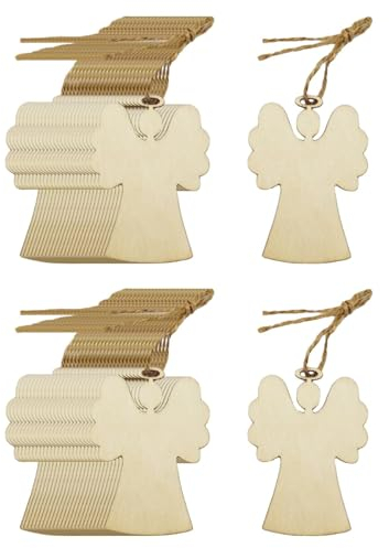 F Fityle 50Pcs Weihnachten Kleine Engel Anhänger Holz, Natürliche Weihnachtsdeko, Holzanhänger zum DIY Basteln Bemalen, Baum Engel Anhänger für Weihnachtsbaum Dekoration, Engel
