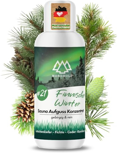 NORDHOLZ® Saunaaufguss [54 Sorten 15ml, 100ml, 250ml] - Sauna Aufgussmittel für intensive & erholsame - Sauna Zubehör (#21 Finnischer Winter, 100ml)