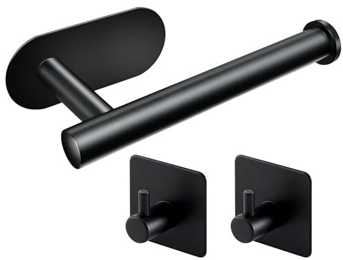 304 Stainless Steel Toilet Roll Holder Wall Mounted black Set - Self Adhesive Paper Towel Holde Self Adhesive Heavy Duty Wall Hooks 2 Pack–No Drilling Toilet Paper Holder for bathrooms & Kitchen