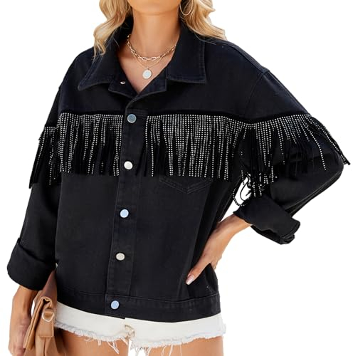 XUSAI Baggy Boyfriend-Jeansjacke mit Nieten und Fransen für Damen, lässig, langärmelig, Jeansjacke, Manteloberteile,Schwarz,L