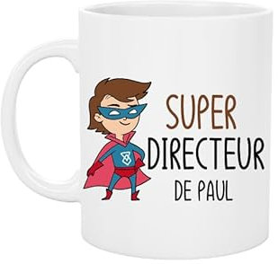 Mug Céramique Super Directeur de (Prénom) – Illustration Directeur avec Cape – Cadeau Personnalisé Fin d’Année Scolaire – 330 ml