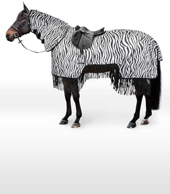 Horze Pferde Fliegendecke Defender mit Fransen, Halsschutz und Schweiflatz, Insekten- und UV-Schutz