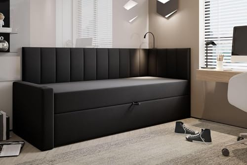 TRADA Boxspringbett Tokio, 100 x 200 cm, Schwarz | Bett mit Matratze und Bettkasten, USB-Anschluss, Lampen- und Getränkehalter, Stoffbezug Veloursstoff