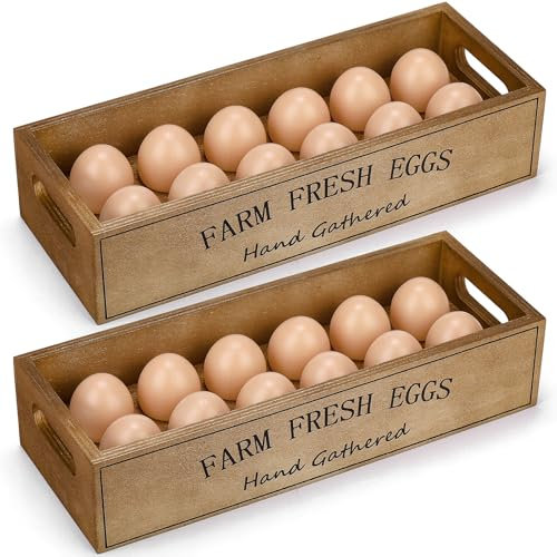 Wenqik Holzkisten für 24 frische Eier, stapelbar, rustikale Aufbewahrungsbox mit Griff, für Ostern, Supermarkt, Bauernhof, Lebensmittelgeschäft, Küchenbedarf, 2 Stück (natürliche Farbe)