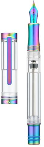 Asvine V200 Titanium Fountain Pen Vacuum Filling, Rainbow Bock Extra Fine Nib Clear Demonstrator Acrylic with Pen Case and Wrench