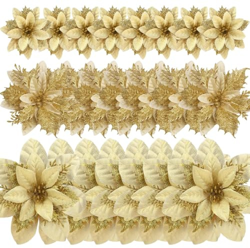 Greentime 24 Stück Glitzer-Weihnachtssterne Goldene Kunstblumen Weihnachten mit Clips Stielen Weihnachtsbaumschmuck für Hochzeitsfeier Kranzdekoration
