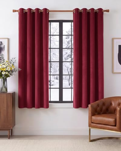PONY DANCE Eyelet Blackout Velvet Curtains, 46x54 Inch, Red, 2 Panels | Thermal Insulated Curtains