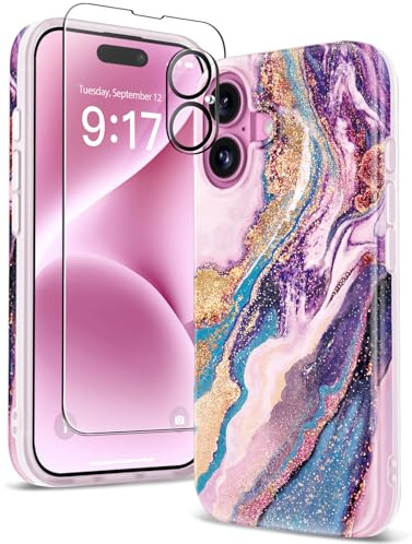 GVIEWIN for iPhone 16 Case Marble TPU with Screen+Camera Lens Protectors | Shockproof, Military Grade Drop Protection, Anti-scratch, Bumper, Slim Cover 6.1 2024, Dreamland River