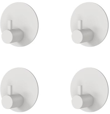JS Sticky Hooks Self Adhesive Hook Stainless Steel Coat Hook on Door for Towel Coat Hat Key, Heavy Duty, Self Adhesive Hangers Wall Mounted for Bathroom Shower Kitchen, White, 4 Pack