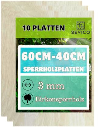 Sperrholzplatten 3-6mm | Multiplex Zuschnitte A3 (42x30cm), A4 (30x21cm) & 60x40cm | Ideal für Modellbau, Laserschnitt, Basteln | Hochwertige Birkenholz Qualität SEVICO