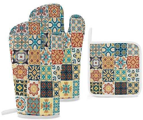 Marokkanische Fliesen, Ofenhandschuhe und Topflappen, Vintage-Fliesen, bunte Küchenhandschuh-Sets für Mikrowelle, BBQ, Backen, Grillen