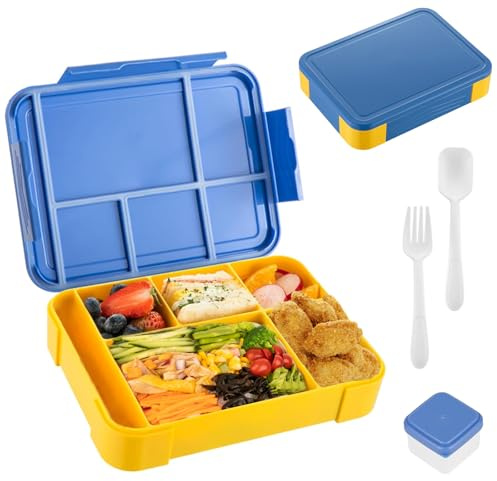 Brotdose für Kinder und Erwachsene mit 6 Fächern, 1 Saucenbox,Auslaufsichere Lunchbox mit Löffel Gabel, Bento Box für Mikrowelle, Spülmaschinenfest, Snackbox für Kindergarten,Schule,Picknick,Ausflüge
