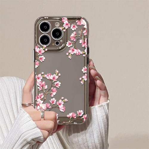 Floral Phone Case Compatible with iPhone 16, Ultra Slim Flexible Silicone Protective Phone Case with Flowers Pattern Shockproof Bumper Cover - TPU Slim All-inclusive Lens (Cherry, Clear Black)