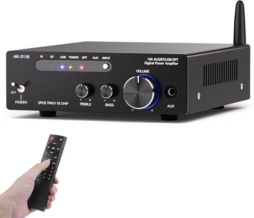 AK-3116 Hi-Fi Stereo Audio Amplifier, 2.0 Channel 100W x 2 Mini Bluetooth Amplifier Class D Digital Amplifier with TPA3116 Chip, USB, AUX, FM, Opt, RCA for Home Audio,