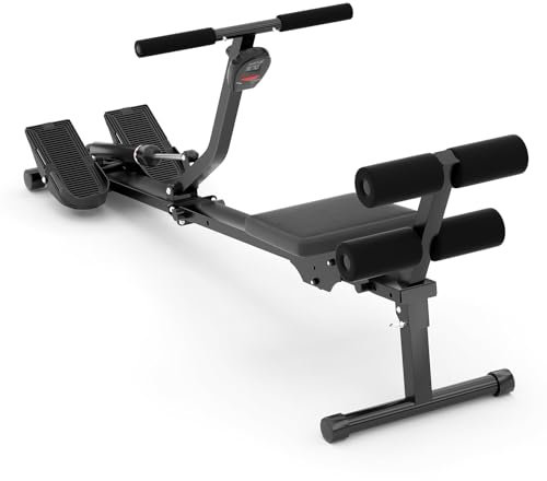 Rudergerät für Zuhause, Klappbar Hydraulisches Fitness-Rudergerät mit 12 Widerstandsstufen, Multifunktionaler Rückenlehne, Trainingsgerät für das Ganzkörpertraining (Rot)