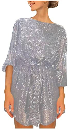 Meine Bestellungen Anzeigen, Kleid Winter Damen Rotes Kleid Glitzer Kleid Festlich Minikleid Bodycon 3/4 Ärmelige Pailletten Kleider Für Frauen Chiffonkleid Damen Kurzes Schwarzes Kleid(Silber,M)