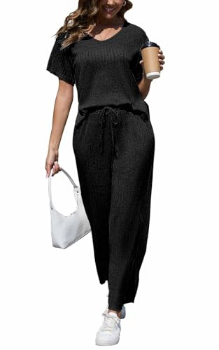 CheChury Zweiteiler Damen Lounge Set Rundhals Einfarbig Loungewear Gerippt Shirt Top Jogginghose Sets Kurzarm mit Hose 2-Teiliges Hausanzug Jogginganzug Sporthose Sleepwear Freizeit Outfit