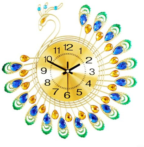 URPIZY Elegante 3D Pfau Wanduhr 38Cm Metall Kristall Lautlos Moderne Kunst Für Deko Für Wohnzimmer Schlafzimmer Büro