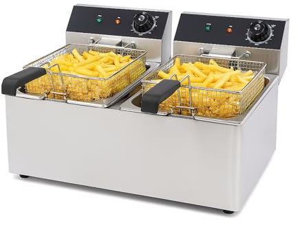 Friteuse Électrique Professionnelle Double Cuves 2x6L ou 2x8L – 5000W à 6500W – Thermostat Réglable, Cuves Amovibles – Idéal Restauration, Snack, Food Truck (2 x 6 litres)