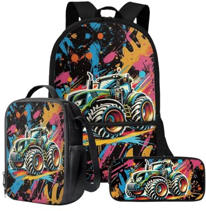 Wnbucioht 3-in-1-Rucksack für Kinder, Jungen, Schultaschen-Set mit isolierten Lunch-Taschen, Stifthalter, Schultaschen-Sets, Cartoon Traktor, Einheitsgröße, Schulranzen-Set