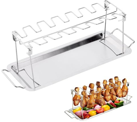 Woobroo 12-in-1 Hähnchenschenkel-Halter für Grill Mit Auffangschale – Edelstahl-Rost für 12 Beine, ofenfeste Grillzubehör für Gas-/Holzkohlegrill & Backofen