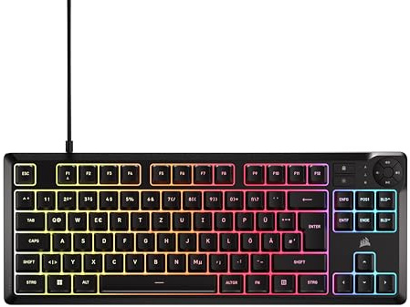 Corsair K55 CORE TKL RGB Gaming-Tastatur – Tenkeyless, 8-Zonen RGB-Beleuchtung, Leise Membrantasten, Spritzwassergeschützt, Medientasten, 1000Hz Polling – Deutsches Layout – Schwarz