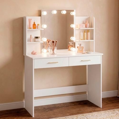 Marctani Tocador de Maquillaje con Luz FÁCIL Montaje - Escritorio Tocador Compacto con Espejo de 10 Luces LED Regulables - Mueble con 2 Cajones y 6 Compartimentos