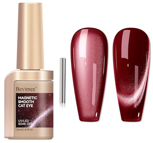Bevimee Cat Eye Gel Nail Polish Red Magnetic Catseye Nails UV Gel Home DIY | Deep Red, Glossy Cateye Gels Polish, Long Lasting, Home & Salon Nails, 12ml