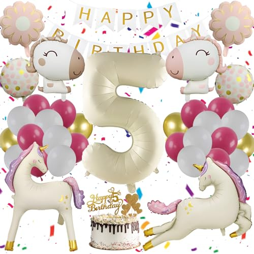 Einhorn Deko Kindergeburtstag Mädchen 5 Jahre,Einhorn Geburtstagsdeko Set | Einhorn Luftballon Geburtstag mit Weiß Rosa Party Deko,4D Unicorn Luftballons Stehend Folienballon Zahl 5 Banner Tortendeko