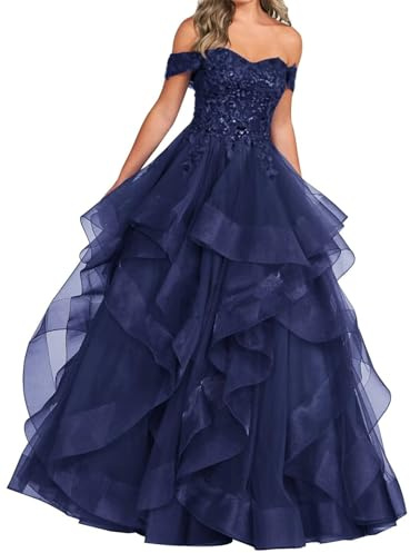 ORRCIGH Lace Applique Prom Dresses Off Shoulder Bridesmaid Dress Layered Tulle Corset Wedding Formal Evening Gown WPX037 Navy UK16