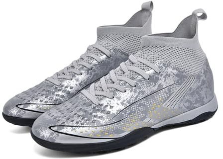 Mens Football Boots Astro Turf Trainers Outdoor Football Shoes Kids Teenager Professional Athletics Soccer Shoes Sneakers (Silver-TF,4)