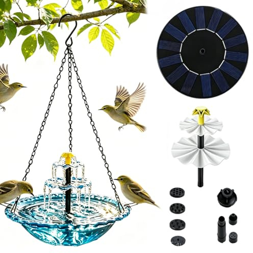 2026 Neues Solar-Vogelbad mit Springbrunnen zum Aufhängen, Vogelbad für den Außenbereich zum Aufhängen, große Vogelbäder mit Springbrunnen für Kolibris, mit Solarpumpe und Glasschale, für den Außenbe