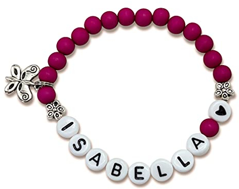 Majas Perlen Armband mit Name Isabella Beere Acryl 6mm - Namensarmband Geschenk Mädchen Kinderarmband - echte Edelsteine Rosenquarz Amazonit - Handmade Personalisierbar