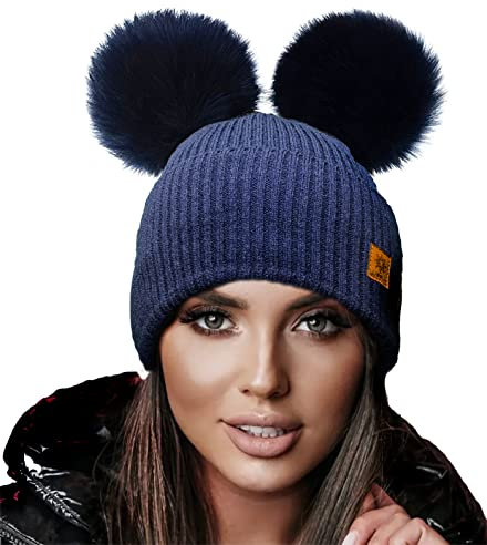 4sold Miki Farbe Damen Wintermütze Wolle Strickmütze Mit Doppelten Pom Pom Cap Ski Snowboard Bobble (Megi Navy)