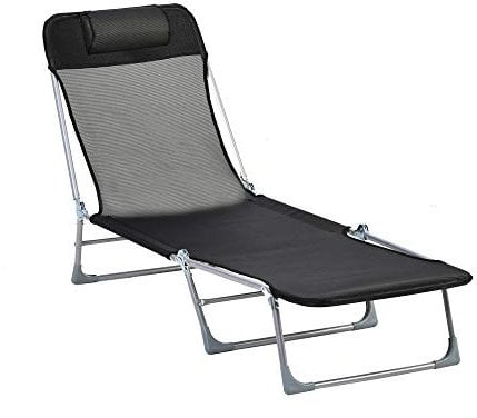 Outsunny Tumbona Plegable y Reclinable de Jardín con Reposacabezas y Respaldo Ajustable en 5 Niveles Tela de Texteline Transpirable 182x56x28 cm Negro