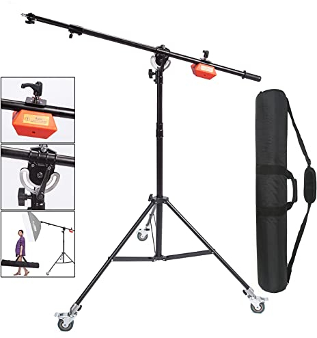 Photo Studio Heavy Duty Boom Light Stand with Boom Arm, Spring Cushioned Boom Arm Tripod Stand Wheeled with Counterweight and 120cm Carry Bag for Photography Video Reflector Softbox Flash Strobe