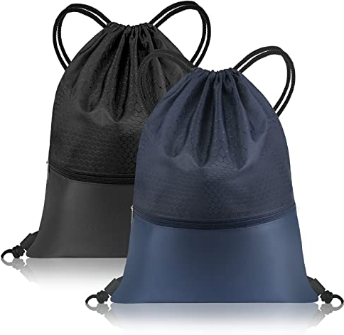 flintronic Turnbeutel, Kordelzug Sportbeutel, Gym Bag Aufbewahrungs Rucksackbeutel mit Außenreißverschluss für Fitness Schulturnhalle Reisen Schwimmen Strandurlaub Kinder Erwachsene - Schwarz/Blau