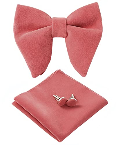 HOULIFE Ensemble nœud papillon pour homme - Nœud papillon réglable en velours pré-noué, pochette de poche unie, boutons de manchette pour marié, mariage formel avec boîte cadeau, Rose corail, Fliege:
