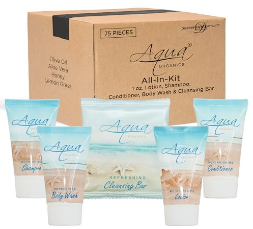 Aqua Organics Lot de 75 savons et articles de toilette pour hôtel | Kit de commodités 1-Shoppe | Shampoing et après-shampooing, gel douche, lotion, savon de 28,3 g | Format voyage | 75 pièces