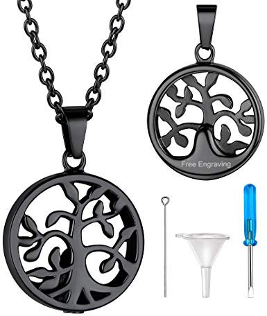 GoldChic Collier Femme Arbre de Vie Urne Funéraire Cendre Crémation Pendentif Personnalisé Photo Gravé Coeur Souvenir Animaux Chien Chat Chaine Acier Inoxydable Prénom Nom Noir Bijoux Cadeau Pâque