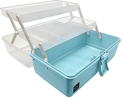 Calogy 13in Craft Box, 3 Layers Multipurpose Craft Organizer and Storage Cabinet, Art Supply Storage for First Aid and Cosmetic, Craft Storage Box with Compartments for Home, School, Office(Blue)