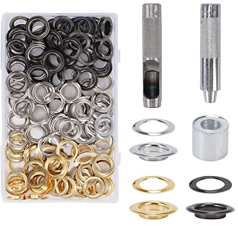 HO2NLE 120 Sets Eyelet Punch Kit 14mm Grommet Tool Kit Metal Grommets Eyelets Kit Tarpaulin Repair Kit Grommet Setting Tool with Storage Box Hole Punch Tool for Fabric Belt DIY(Silver Gold Black)