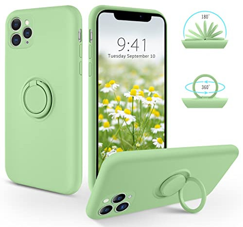SouliGo for iPhone 11 Pro Max Case Silicone Gel 360° Ring Holder Kickstand for Magnetic Car Mount Slim Soft Rubber Protective Shockproof Phone Cases for iPhone 11 Max 6.5 - Matcha Green