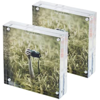 2 Pack Magnetic Acrylic Picture Photo Frame 4x4, Double Sided Frameless 10+10mm Floating Display Frame,Clear Glass Like,Free Standing for Art,Ornament Plant Specimen,Easy to Change