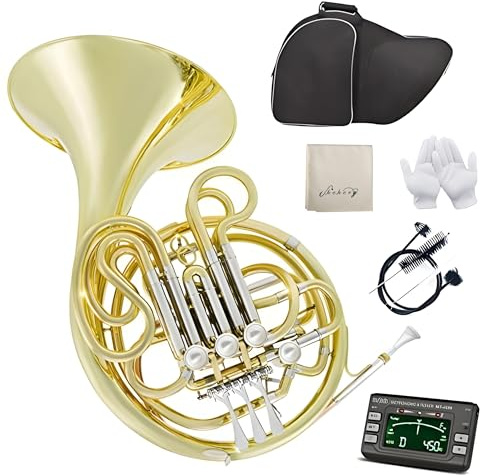 Double French Horn F/Bb 4 Keys Nickel Plated&Gold Lacquer with Case, Mouthpiece & Cleaning Kit - for Beginner & Intermediate Players (Gold)…