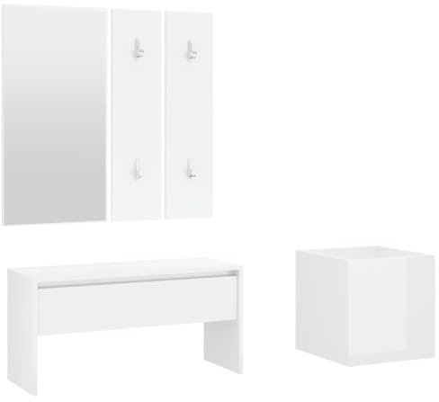 vidaXL High Gloss White Hallway Furniture Set - Engineered Wood, Bench with Storage, Mirror, Coat Rack Panels, and Planter