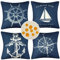 Wasserdichte Outdoor Kissenbezug Nautische Ruder Anker Segelboot Kompass Dekokissen Sofakissen Bezug Kissenhüllen 45x45 4er Set Marineblaue Leinen Dekorative Kissenbezüge für Sofa Couch Gartenmöbel