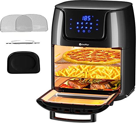 Scheffler Heißluftfritteuse 12L XXL, 8-in-1 Airfryer mit Sichtfenster, Heissluftfriteuse mit One-Touch-Bedienung, 8 Programmen, Drehgrill in einem, Racks & Abnehmbares Tablett1800W