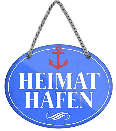 Heimathafen Schild - Retro Deko Hängeschild mit Kordel und Saugnapf - Dekoidee Eingang Haustür Flur Boot Balkon Terrasse - 18 cm x 12 cm